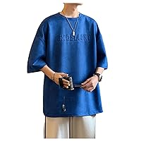 Verdusa Men's Letter Embossed Drop Shoulder T Shirt Half Sleeve Oversized Tee Top Blue Medium