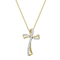 GILDED 10K YELLOW GOLD 1/4 CTTW DIAMOND TWIST CROSS NECKLACE WITH 18 INCH ROPE CHAIN.