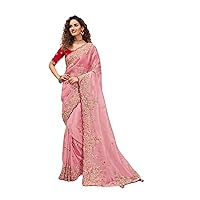 Pink Red Wedding Functional wear Indian Woman Organza Net Saree Blouse Bridal Heavy Border Designer Sari 2343