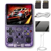 R36S Handheld Game Console 3.5-inch Retro Handheld Video Games Consoles Built-in Battery Portable Style Hand Held System 32GB+64GB Purple Transparent