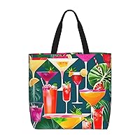 Tropical Cocktails Print Tote Bag Zipper Casual Tote'S Handbag Big Capacity Work Bag Shoulder Bag With Pockets