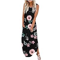 Summer Dresses for Women, Women Casual Loose Floral Print Sleeveless Round Neck Bohemian Flowy Side Slit Boho Maxi Dress