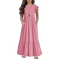 HOSIKA Girls Summer Ruffle Short Sleeve Crew Neck Loose Casual Flowy Tiered Maxi Dress with Pockets for 6-12 Y