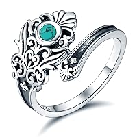 Sterling Silver Turquoise Spoon Ring - S925 Victorian Vintage Flower Thumb for Women
