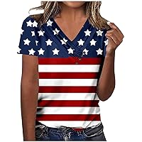 Womens American Flag Shirt V Neck Short Sleeve Summer Causal Tunic Tops Independence Day Blouse Tops 2024 Patriotic Shirts