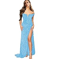 Women's 2023 Mermaid Prom Party Dress with Slit Off The Shoulder Sequins Formal Evening Gown