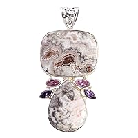 Crazy Lace Agate Pink Quartz & Purple Quartz Gemstone 925 Solid Sterling Silver Pendant Fabulous Handmade Jewellery Gift For Her