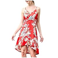 Women's Bohemian Casual Summer Foral Print Hawai Sleeveless Knee Length Flowy Beach V-Neck Trendy Dress Swing