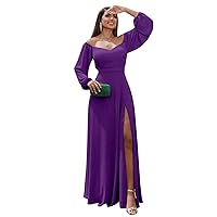 Off Shoulder Bridesmaid Dresses with Slit A Line Chiffon Long Sleeve Formal Prom Dress for Women MA29