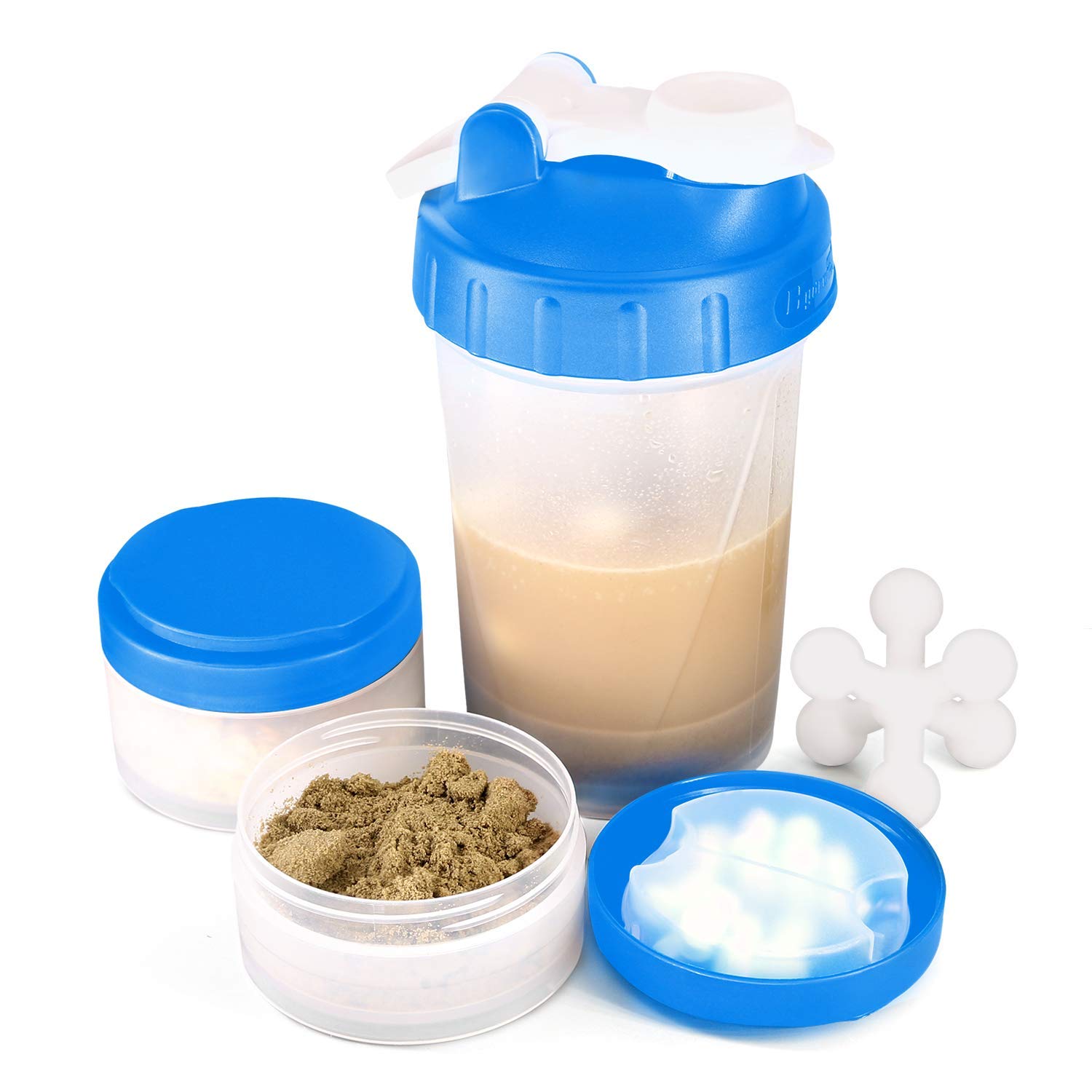 Hydro2Go 16 OZ Protein Workout Shaker Bottle with Mixer Ball and 2 close-connected Storage Jars for Pills, Snacks, Coffee, Tea. 100% BPA-Free, Non Toxic and Leak Proof Sports Bottle