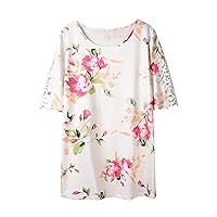 Women Cutout Lace Short Sleeve Tunic Tops Summer Floral Graphic Crewneck Casual Tshirt Cute Polka Dots Blouse for Teen Girls