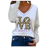 Long Sleeve Shirt for Women Cute Heart Print Tunic Tops Sexy V Neck Tshirts Casual Loose Striped Patchwork Tee Blouse