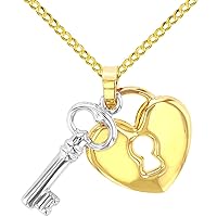 Polished 14K Yellow Gold Heart with White Gold Love Key Pendant with Cable, Curb, or Figaro Chain Necklaces