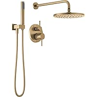 Delta Faucet Modern Raincan 2-Setting Round Shower System Including Rain Shower Head and Handheld Spray Gold, Rainfall Shower System Gold, Shower Valve and Trim Kit, Champagne Bronze 342702-CZ