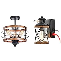 Dusk to Dawn Motion Sensor Outdoor Porch Light with GFCI Outlet,3 Lighting Modes, UL ETL Listed, 3-Lights Retro Farmhouse Semi Flush Mount Ceiling Light Fixture, Rustic Industrial Lights, Brown Metal