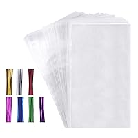 100 Cello Cellophane Treat Bags(1.8mil.),7X12in Big OPP Clear Plastic Bags For Bakery,Popcorn,Cookies, Candies,Dessert with 7 Colors Twist Ties!