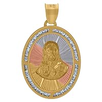 10k Tri color Gold Unisex CZ Cubic Zirconia Simulated Diamond Textured Sacred Love Heart Of Jesus Religious Oval Charm Pendant Necklace Jewelry for Women