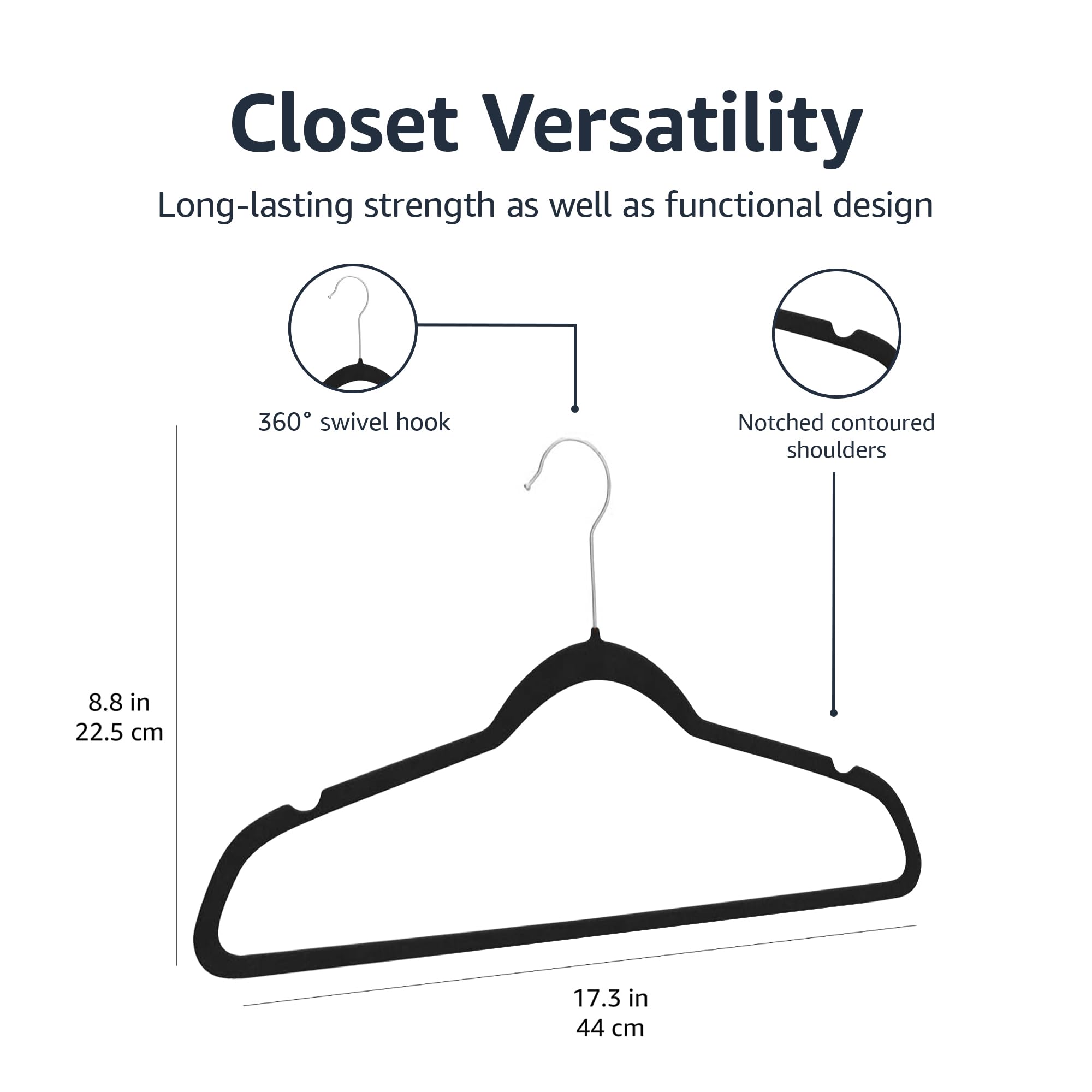 Amazon Basics Slim, Velvet, Non-Slip Suit Clothes Hangers, Black/Silver - Pack of 50