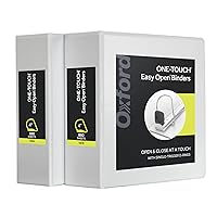 Oxford 3 Ring Binders, 4 Inch, ONE-Touch Easy Open D Rings, View Binder Covers, 4 Interior Pockets, PVC-Free, Holds 880 Sheets, White, 2 Pack (79921)