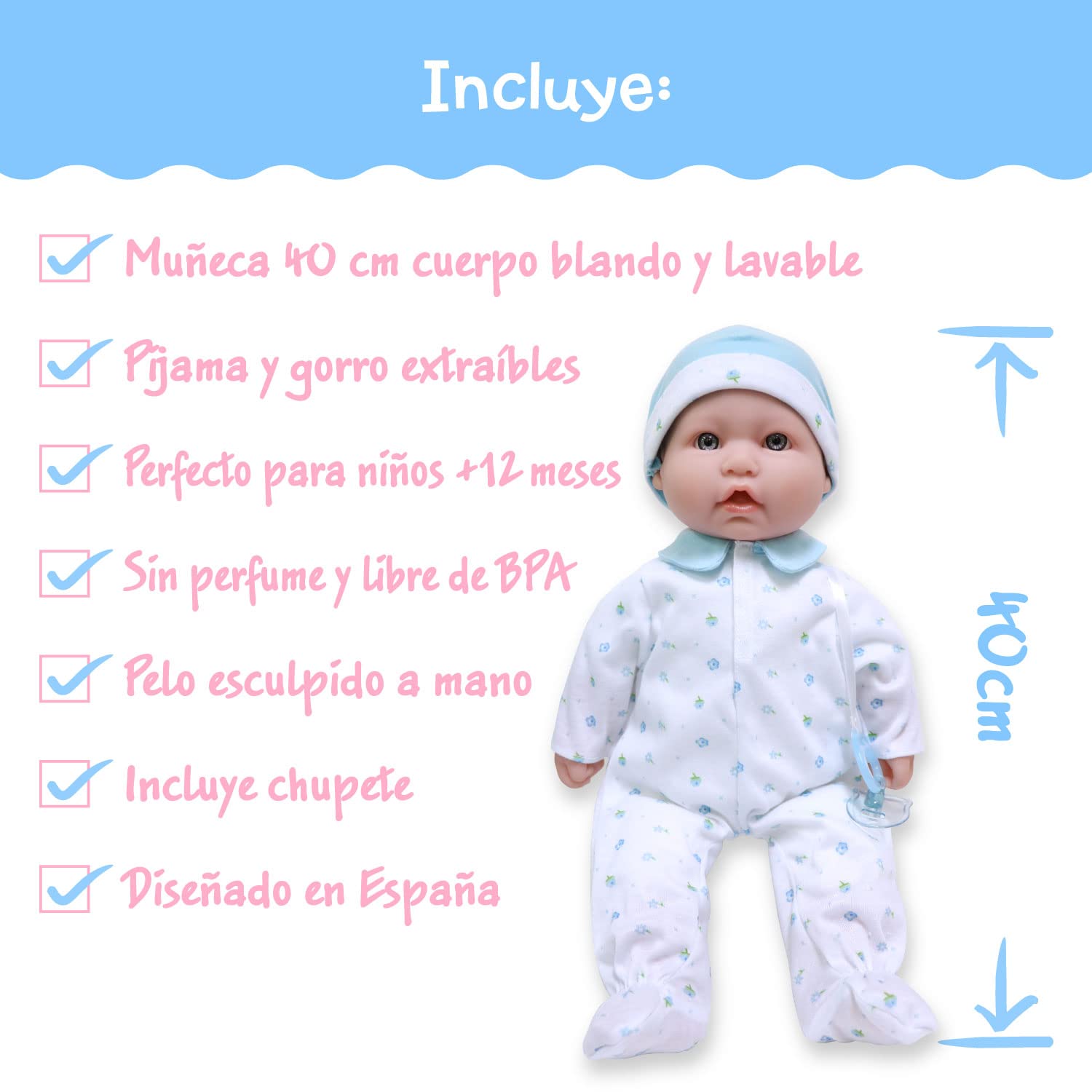 JC Toys, La Baby 16-inch Blue Washable Soft Body Boy Baby Doll with Accessories - For Children 12 Months and older, Designed by Berenguer