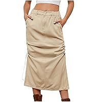 Y2K Cargo Skirts for Women 2024 Drawstring Ruched Long Denim Jean Skirt A-Line Flare Jean Skirt with Pockets Midi Skirt