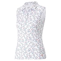 PUMA Womens MATTR Micro Floral Print Sleeveless Golf Polo - Navy Blazer/Bright White XL