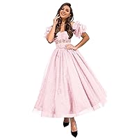 Basgute Women's Glitter Tulle Prom Dresses Tea Length Puffy Sleeve Off Shoulder Corset Formal Evening Party Ball Gowns