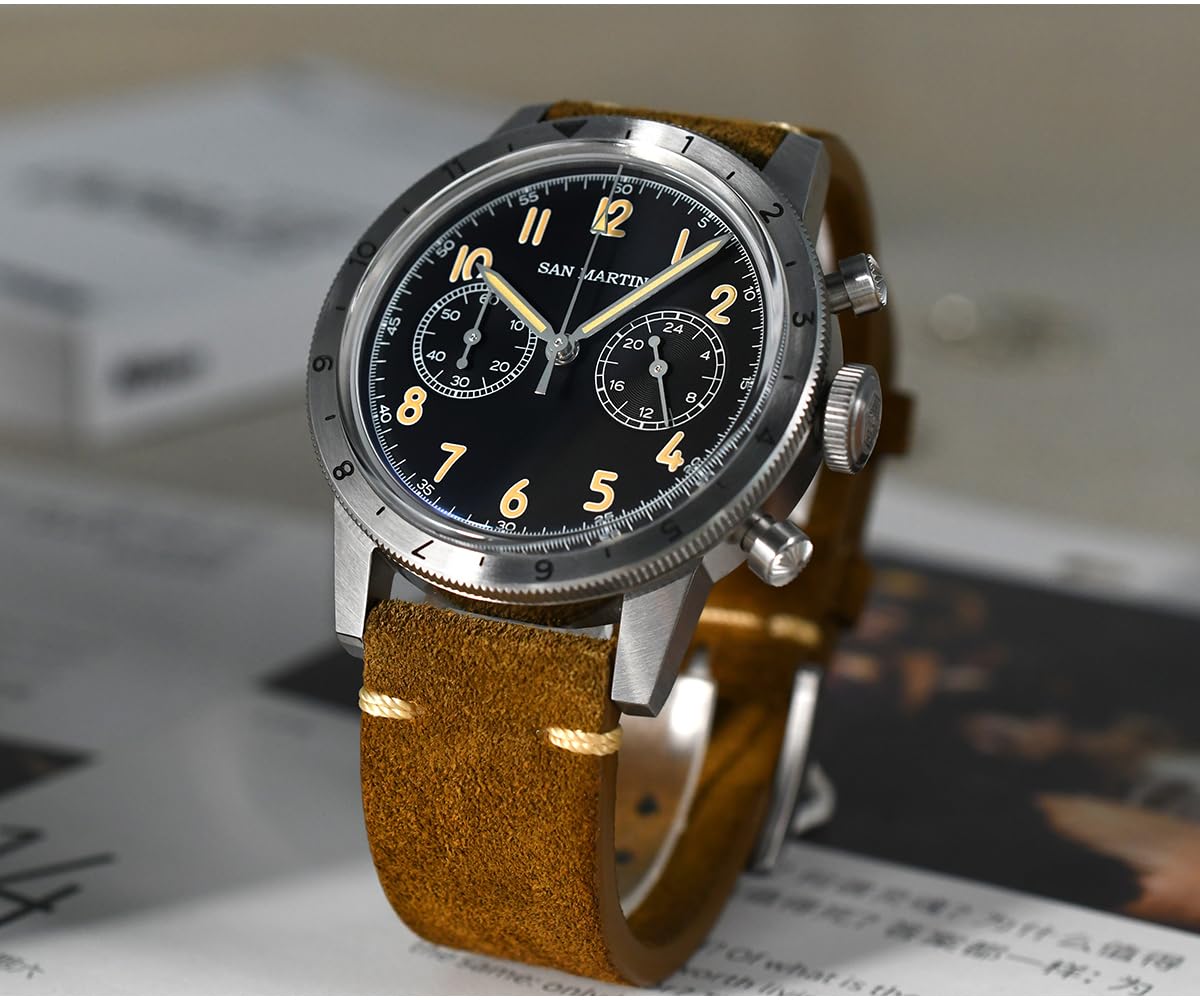 San Martin Men Chronograph Watch Luxury Pilot 39.5mm Panda Quartz Wristwatch 10ATM C3 Luminous VK64 Sport