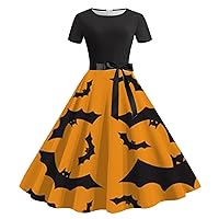 Halloween Women's Cocktail Dresses Round Neck High Waisted Tunic Dress Short Sleeve Swing Dress Party Prom Dress