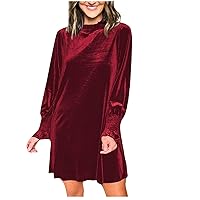 Womens Velvet Tunic Mini Dress Fall Fashion Lantern Long Sleeve Shirt Dress Crewneck Casual Loose Fit Pullover Dress