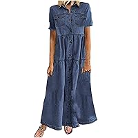 2023 Fashion Women Denim Shirt Dresses Short Sleeve Distressed Jean Dress Summer Casual Maxi Dresses Loose Tunic Dress