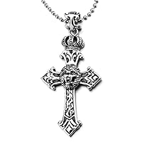 COOLSTEELANDBEYOND Stainless Steel Vintage Crown Lion Head Cross Pendant Necklace for Men Women, 30 inches Ball Chain