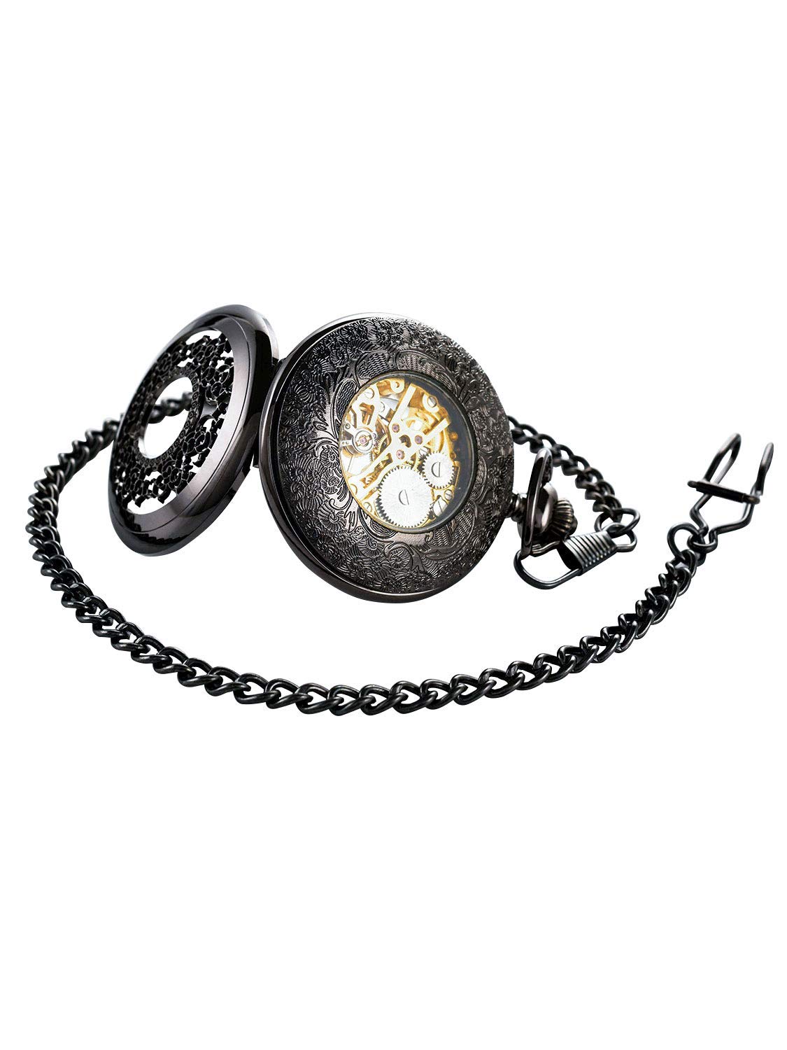 BOSHIYA Mechanical Pocket Watch Luminous Steampunk Vintage Pocket Watch/with Chains/Hand Wind Up/Black Skeleton/Dial Roman Numberals