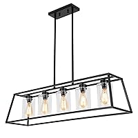 Kitchen Island Lighting, 5-Light Black Chandeliers for Dining Room Light Fixtures Over Table, Rectangle Island Lights for Kitchen with Cylinder Clear Glass, Chandelier for Kitchen
