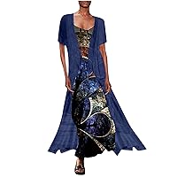Women's Round Neck Glamorous Print Swing Beach Dress Casual Loose-Fitting Summer Short Sleeve Knee Length Flowy
