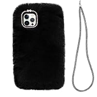 Losin Compatible with iPhone 14 Pro Max Case Cute Plush Furry Case with Glitter Lanyard Strap Bling Diamond Camera Lens Protector Soft Winter Warm Plush Fluffy Fur Cover for Women and Girls, Black
