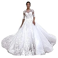 Women's Crewneck Lace up Corset Wedding Dresses for Bride 2022 Plus Size with Train Bridal Ball Gowns