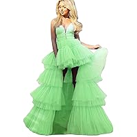 V Neck Ruffles Tulle Long Prom Dress with Slit Hi Low Homecoming Party Gown