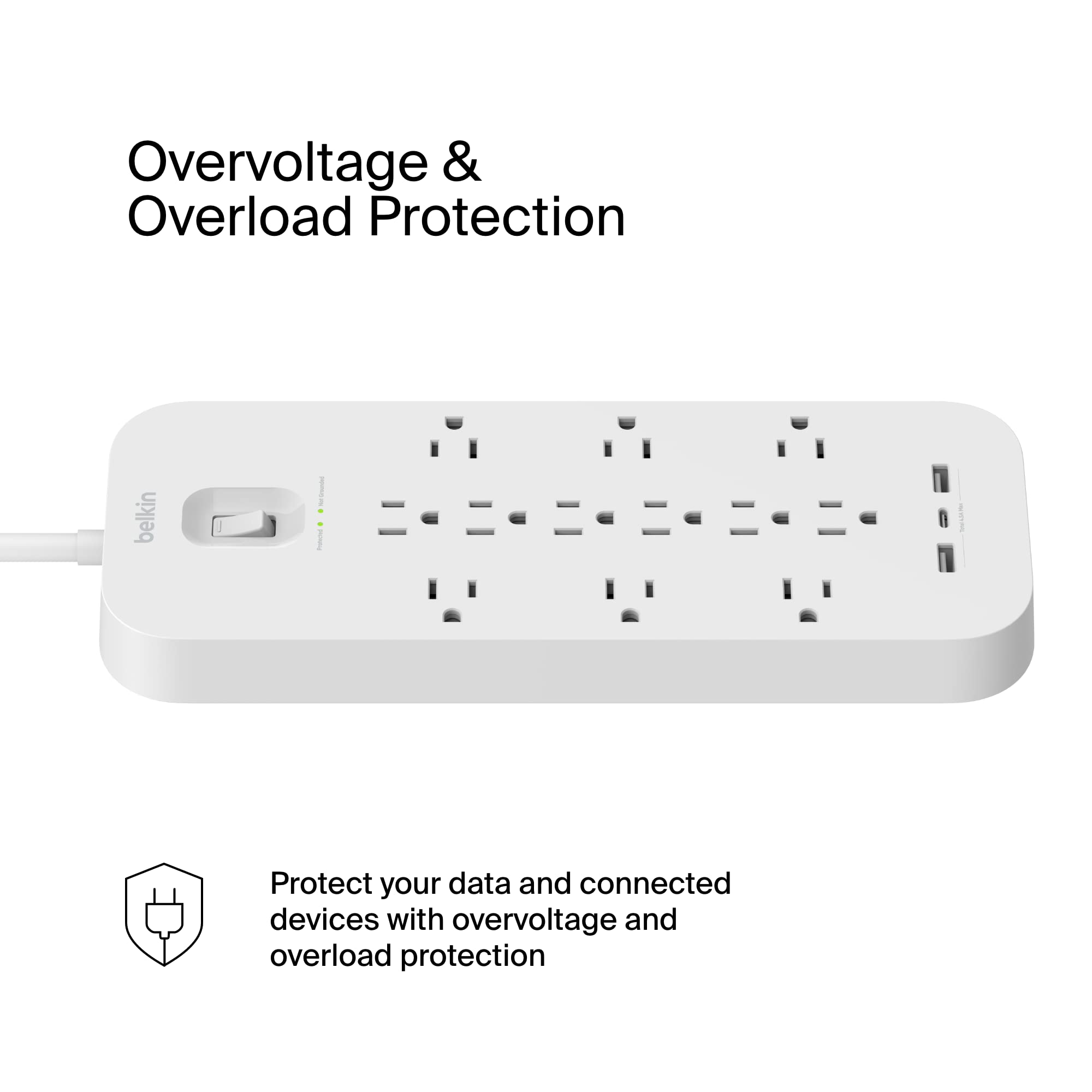 Belkin 12-Outlet Surge Protector Power Strip w/ 12 AC Outlets, 1 USB-C Port, & 2 USB-A Ports, 6ft Cable, Overload and Overvoltage Protection, and On/Off Power Switch - 4,000 Joules of Protection