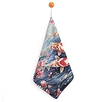 Japanese Fish Cherry Blossoming Soft Towel with Hanging Loop Absorbent Quick Drying Hand Towel for Kitchen Bathroom