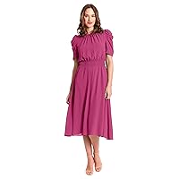 London Times Women's Shirred Jewel Neck Pleated Ruched Sleeve Elastic Waist Midi Dress