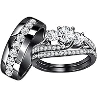 3.00ctw Round Cut D/VVS1 Diamond Her Engagement Ring And His Her Wedding Band Bridal Trio Ring Set 14K Black Gold Over 925 Sterling Silver