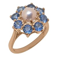 Solid 18k Rose Gold Cultured Pearl & Sapphire Womens Cluster Ring - Sizes 4 to 12 Available