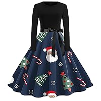 Dresses for Women 2024 Casual Spring Midi, Womens Christmas Print Long Sleeved Crew Bow Dress Beach Dresses