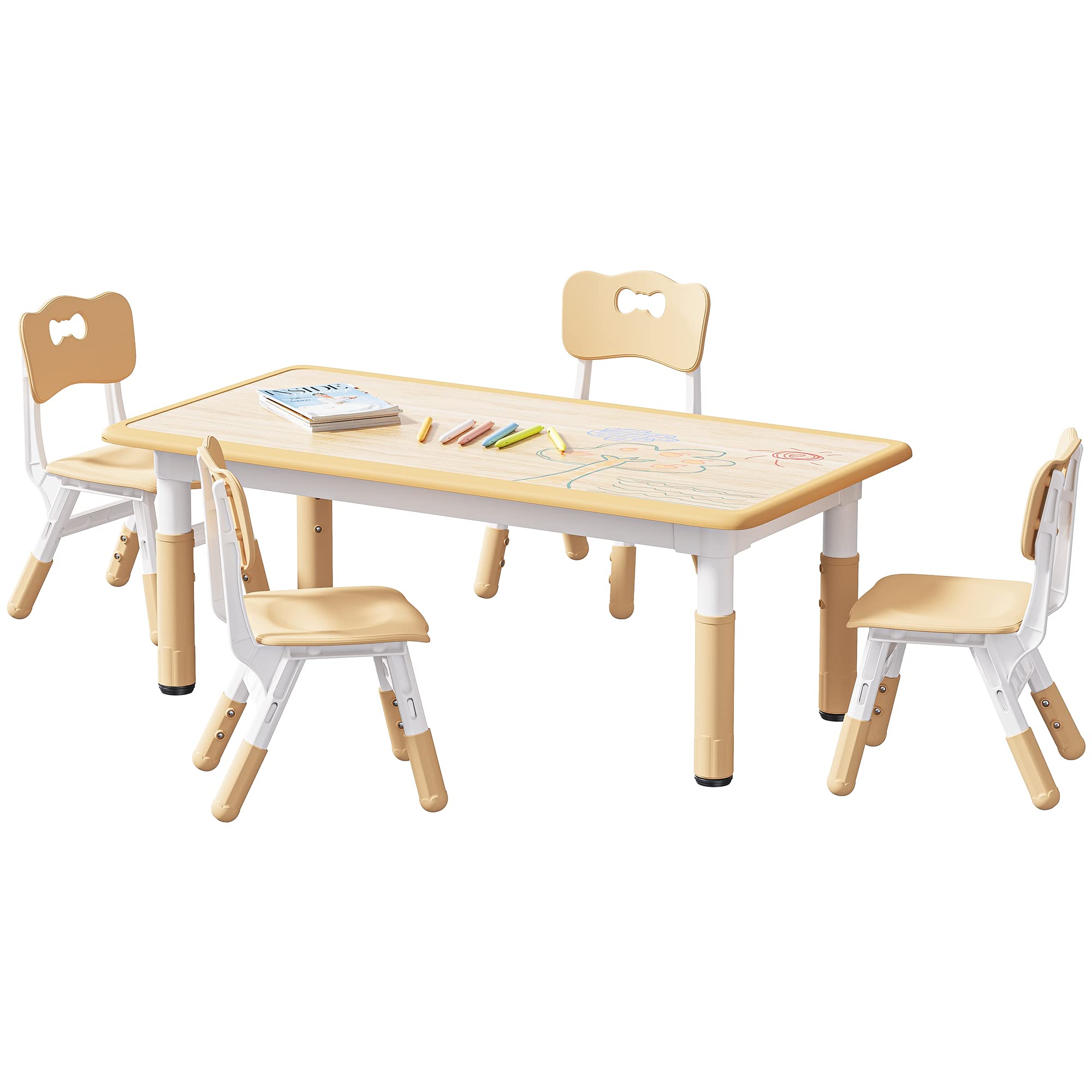 Brelley Kids Table and 4 Chairs Set, Height Adjustable Toddler Table and Chair Set, Graffiti Desktop, Non-Slip Legs, Max 300lbs, Children Multi-Activity Table for Ages 2-10