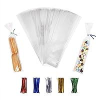 100PCS Cellophane Bags 2x10 inches, Clear Treat Bags with 4'' Twist Ties, Plastic Cello Bags - 1.4 mils Thick OPP Rice Crispy Bags for Gift Goodie Favourite Party Cookies