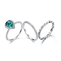 Green Emerald Wedding Ring Set,6x8mm Pear Cut Solid 14k White Gold Halo Bridal Ring Diamond Matching Band