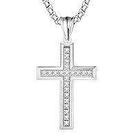Cross Necklace for Men Stainless Steel Crucifix Pendant Silver White Gold Yellow Black Jesus Christ Plain Simple Women Fine Jewelry Gifts, 24 Inches Rolo Chain, Zirconia, Polished, Rope