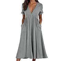 Womens Half Sleeve Summer Dresses V Neck Solid Color Midi Dress Vintage Boho Casual Plus Size Loungewear Sundress