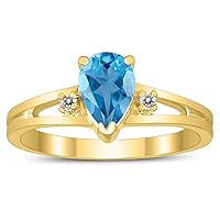 7X5MM Blue Topaz and Diamond Pear Shaped Open Three Stone Ring in 10K Yellow Gold